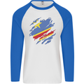 Torn DR Congo Flag Congolese Day Football Mens L/S Baseball T-Shirt White/Royal Blue