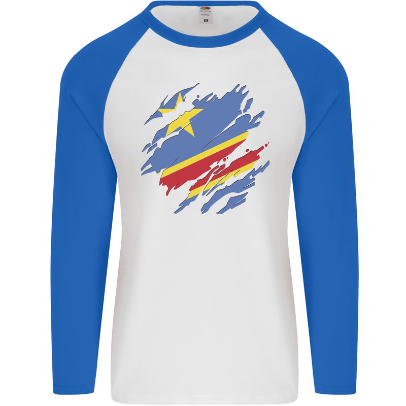 Torn DR Congo Flag Congolese Day Football Mens L/S Baseball T-Shirt White/Royal Blue