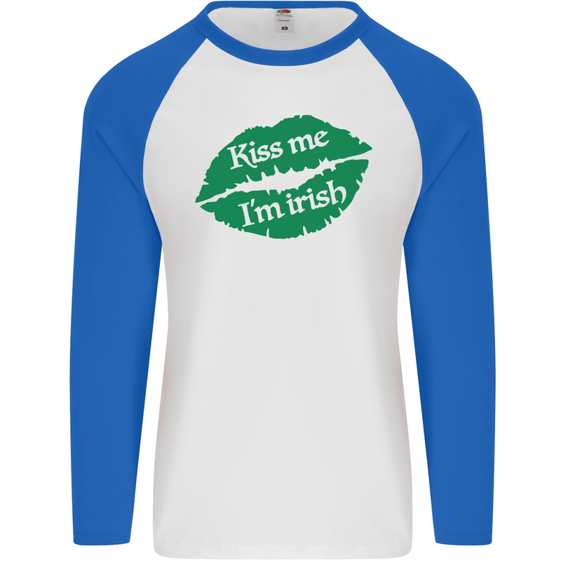 Kiss Me I'm Irish St. Patrick's Day Mens L/S Baseball T-Shirt White/Royal Blue