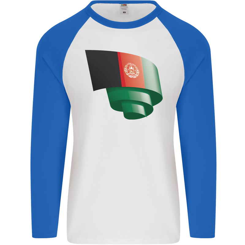 Curled Afghanistan Flag Afghan Day Football Mens L/S Baseball T-Shirt White/Royal Blue