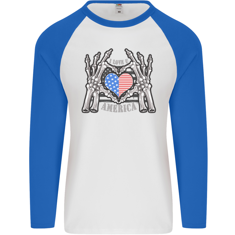 I Love You America 4th of July USA Flag Mens L/S Baseball T-Shirt White/Royal Blue