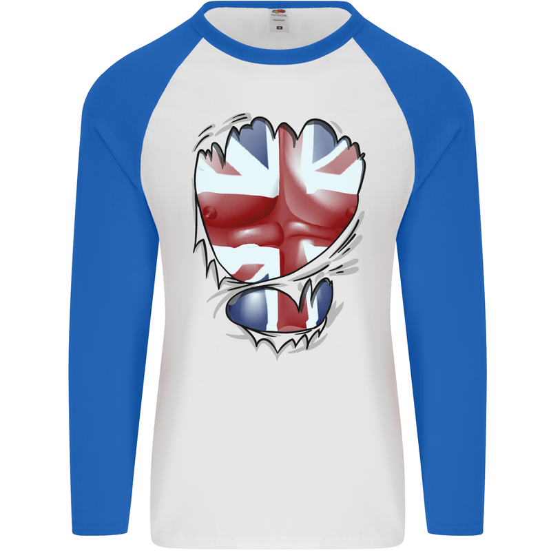 The Union Jack Flag Ripped Muscles Mens L/S Baseball T-Shirt White/Royal Blue