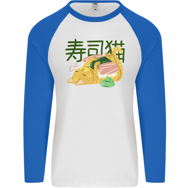 Sushi Cat Mens L/S Baseball T-Shirt White/Royal Blue