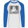 Motorbike Barcode Biker Motorcycle Mens L/S Baseball T-Shirt White/Royal Blue