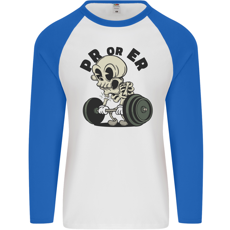 PR or ER Gym Bodybuilding Training Mens L/S Baseball T-Shirt White/Royal Blue