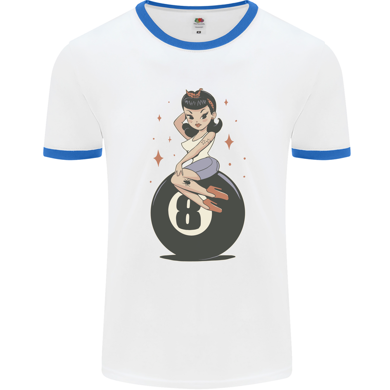 8-Ball Pool Pinup Mens Ringer T-Shirt White/Royal Blue
