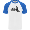 Trains Locomotive Steam Engine Trainspotting Mens S/S Baseball T-Shirt White/Royal Blue