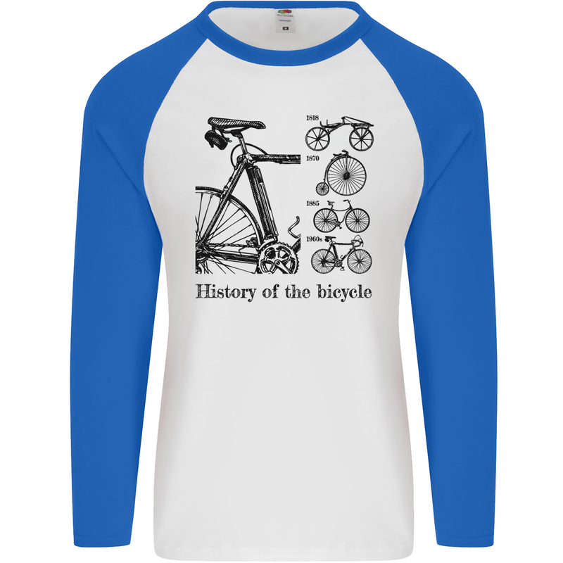 History of the Bicycle Cyclist Cycling Bike Mens L/S Baseball T-Shirt White/Royal Blue