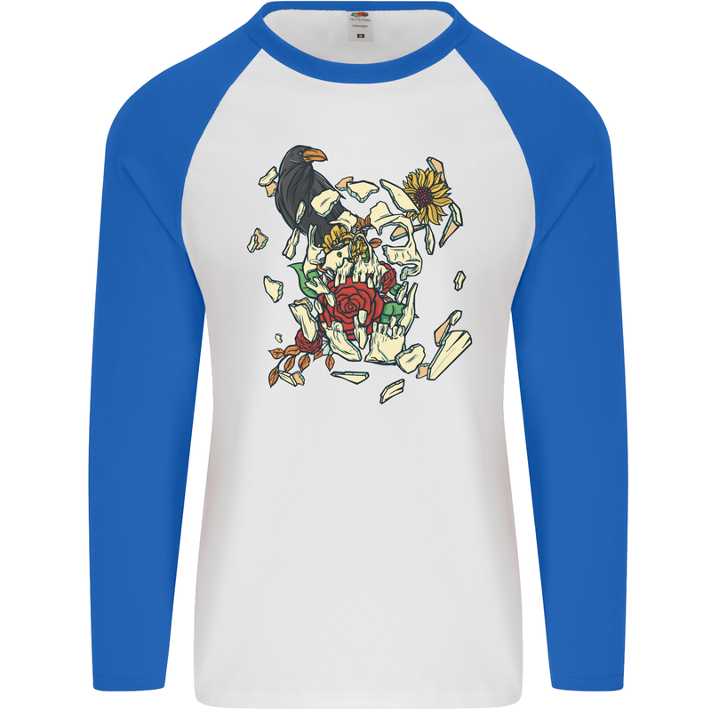 Broken Skull With Roses & Raven Mens L/S Baseball T-Shirt White/Royal Blue