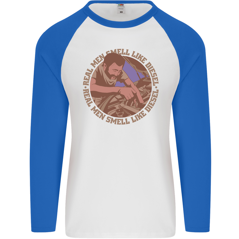 Mechanic Real Men Smell Like Diesel Mens L/S Baseball T-Shirt White/Royal Blue