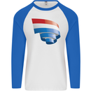 Curled Netherlands Flag Holland Dutch Day Football Mens L/S Baseball T-Shirt White/Royal Blue