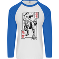 Japanese T-Rex Ninja MMA Mixed Martial Arts Mens L/S Baseball T-Shirt White/Royal Blue