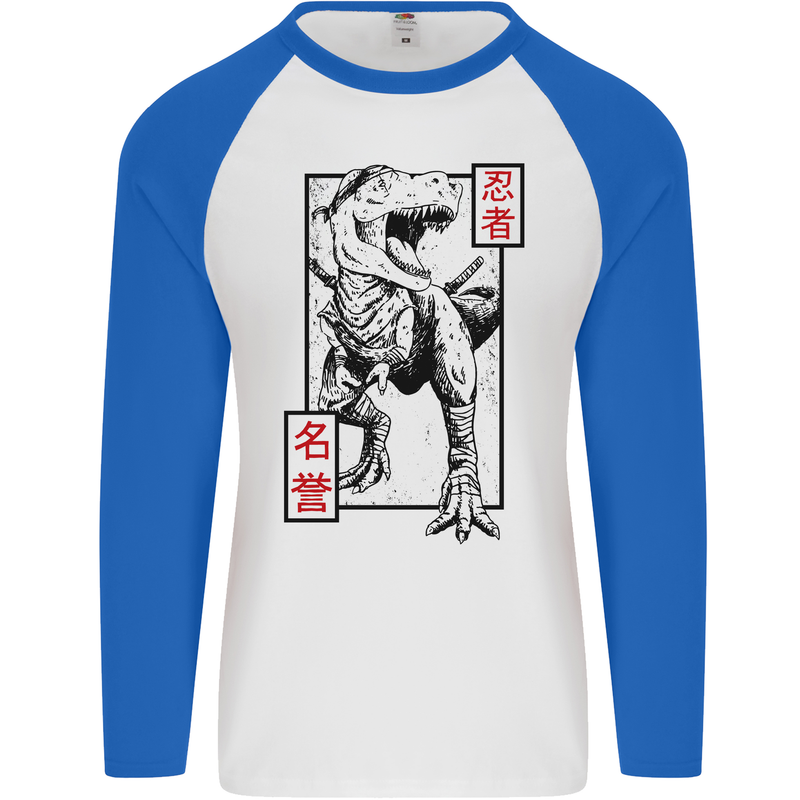 Japanese T-Rex Ninja MMA Mixed Martial Arts Mens L/S Baseball T-Shirt White/Royal Blue