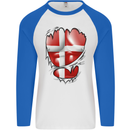 Gym Danish Flag Ripped Muscles Denmark Mens L/S Baseball T-Shirt White/Royal Blue