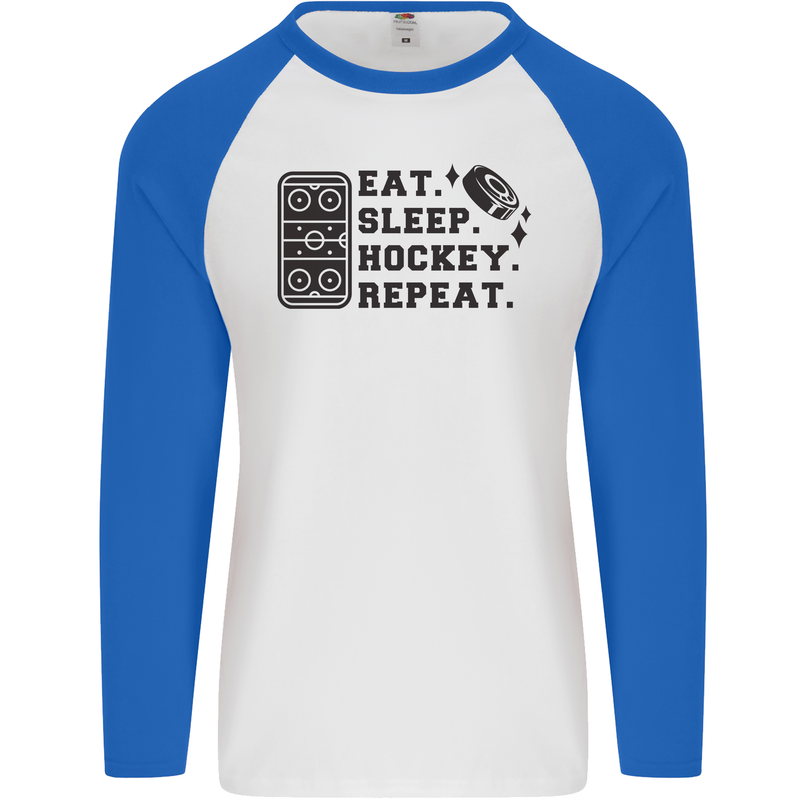 Eat Sleep Hockey Repeat Street Ice Funny Mens L/S Baseball T-Shirt White/Royal Blue