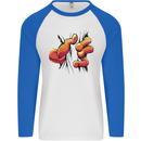 Frog Hand Scrunching Material Mens L/S Baseball T-Shirt White/Royal Blue