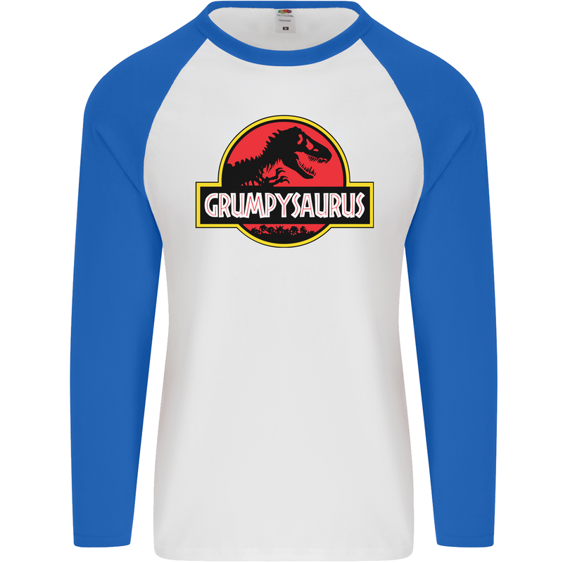 Grumpysaurus Funny Grumpy Old Git Man Mens L/S Baseball T-Shirt White/Royal Blue