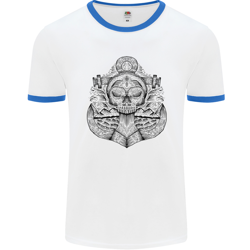 Anchor Skull Sailor Sailing Captain Pirate Ship Mens Ringer T-Shirt White/Royal Blue