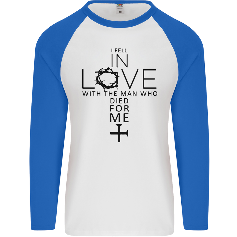 In Love With the Cross Christian Christ Mens L/S Baseball T-Shirt White/Royal Blue