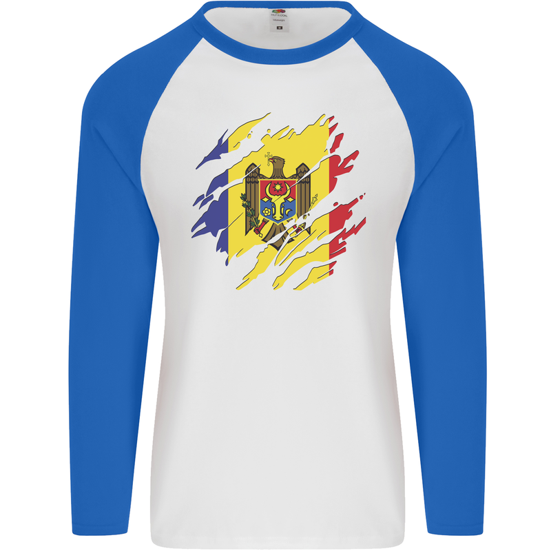 Torn Moldova Flag Moldovan Day Football Mens L/S Baseball T-Shirt White/Royal Blue