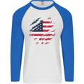 Torn USA Flag Independance Day Football Mens L/S Baseball T-Shirt White/Royal Blue