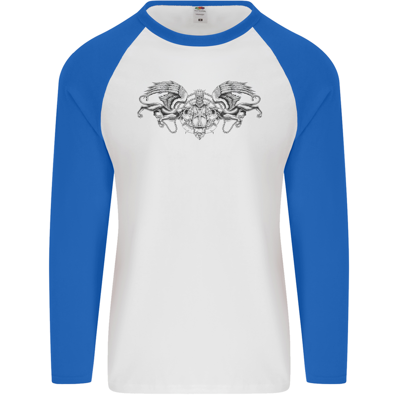 St Georges Day Roman Skull Wings Panther Mens L/S Baseball T-Shirt White/Royal Blue