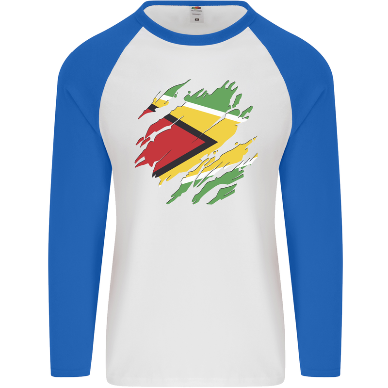 Torn Guyana Flag Guyanese Day Football Mens L/S Baseball T-Shirt White/Royal Blue