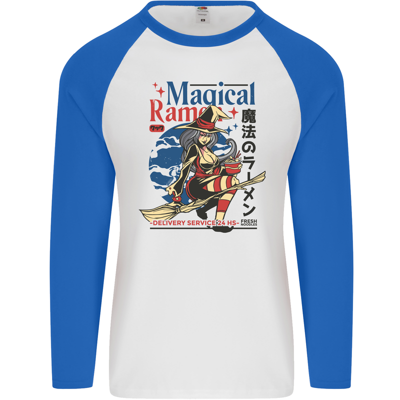 Magical Ramen Noodles Witch Halloween Mens L/S Baseball T-Shirt White/Royal Blue