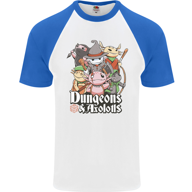 Dungeons & Axolotl Role Play Games RPG Mens S/S Baseball T-Shirt White/Royal Blue