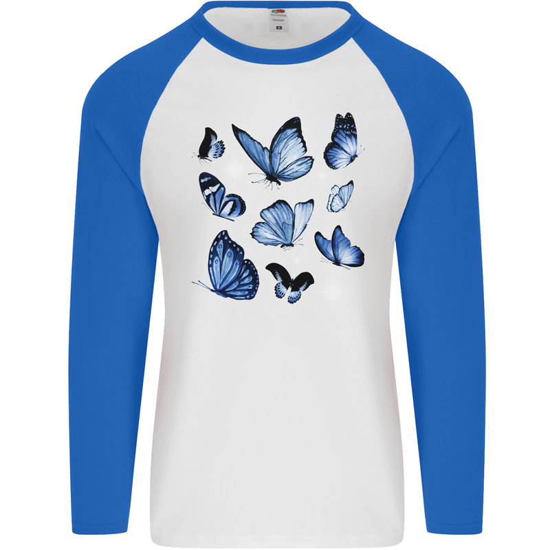 A Butterfly Collection Rhopalocera Mens L/S Baseball T-Shirt White/Royal Blue