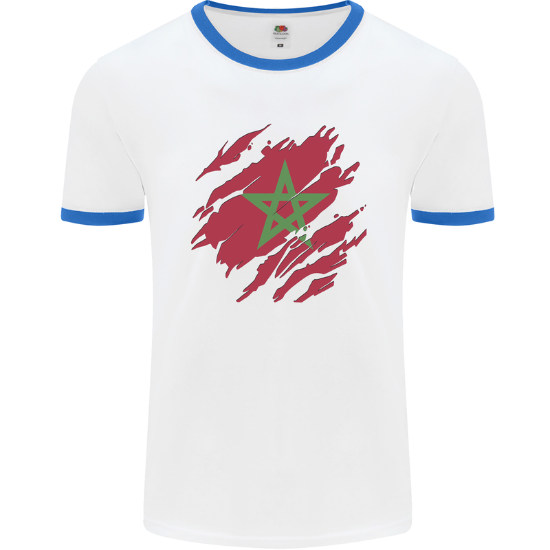 Torn Morocco Flag Moroccan Day Football Mens Ringer T-Shirt White/Royal Blue