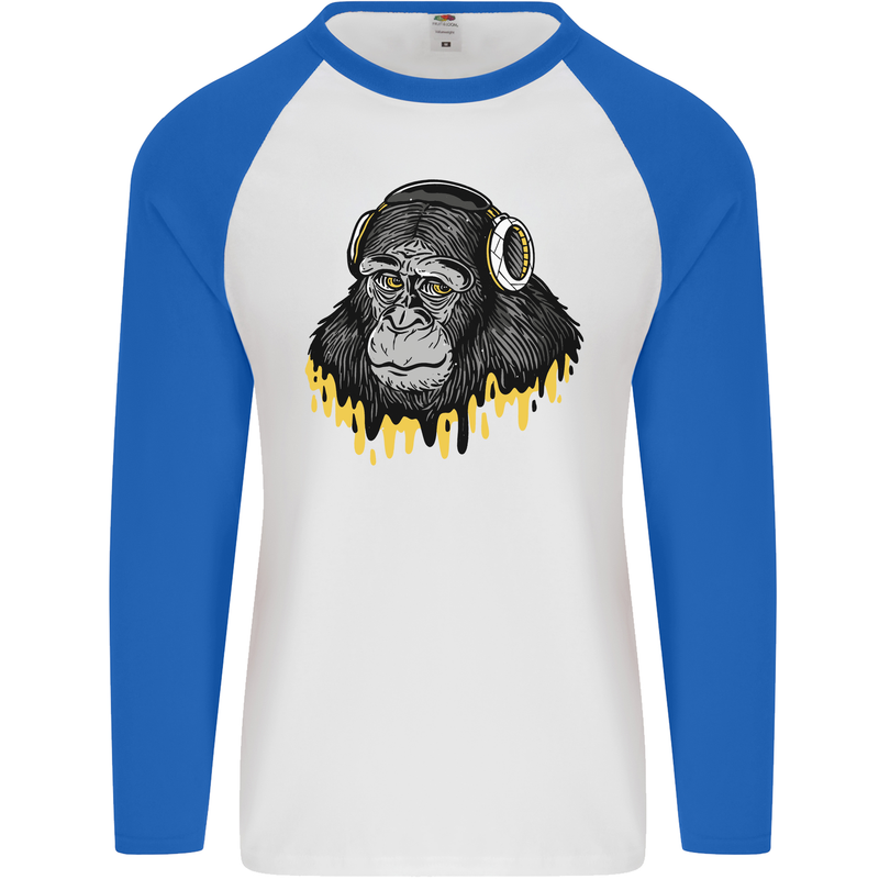 Monkey DJ Headphones Music Mens L/S Baseball T-Shirt White/Royal Blue