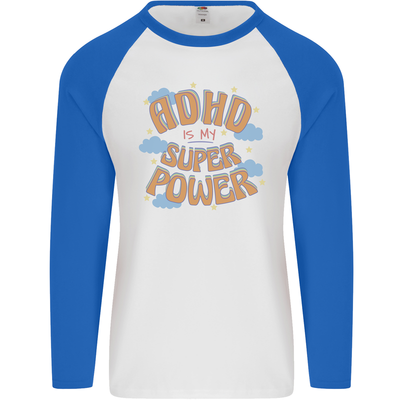 ADHD is My Superpower Mens L/S Baseball T-Shirt White/Royal Blue