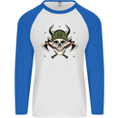 Viking Skull With Axes and Helmet Mens L/S Baseball T-Shirt White/Royal Blue