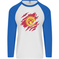 Torn  Kyrgyzstan Flag Kyrgyz Day Football Mens L/S Baseball T-Shirt White/Royal Blue