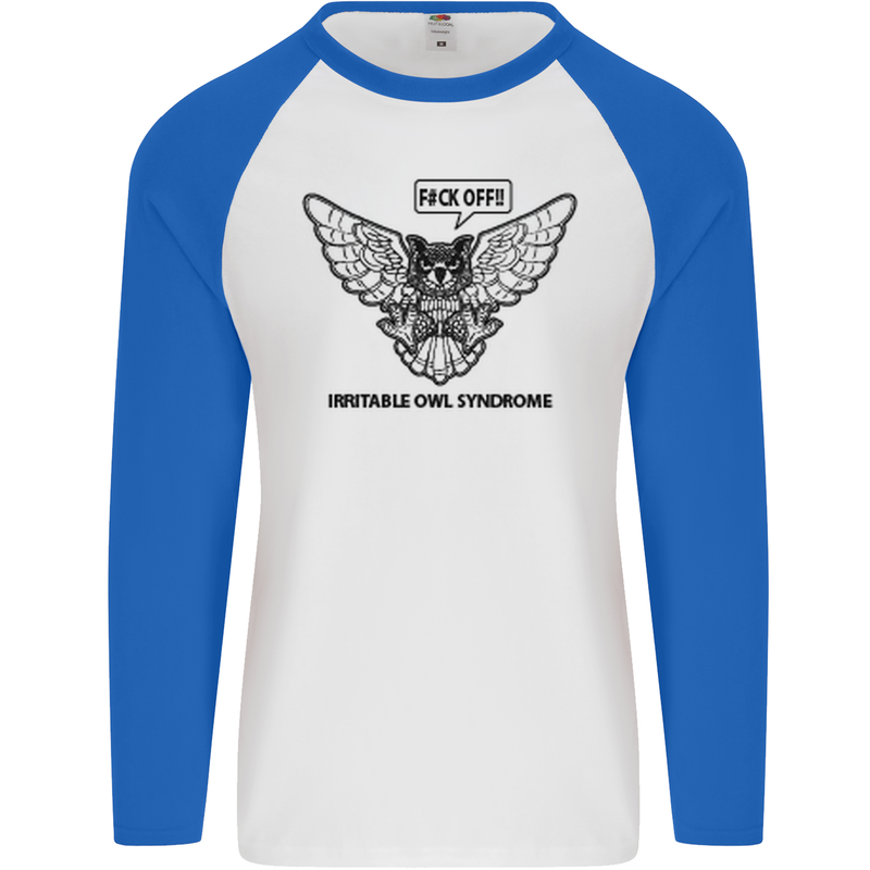 Irritable Owl Syndrome Bowel IBS Funny Mens L/S Baseball T-Shirt White/Royal Blue