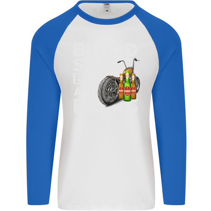 Blood Sweat Bikes & Beer Funny Motorcycle Mens L/S Baseball T-Shirt White/Royal Blue