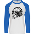 Skull Headphones Gothic Rock Music DJ Mens L/S Baseball T-Shirt White/Royal Blue