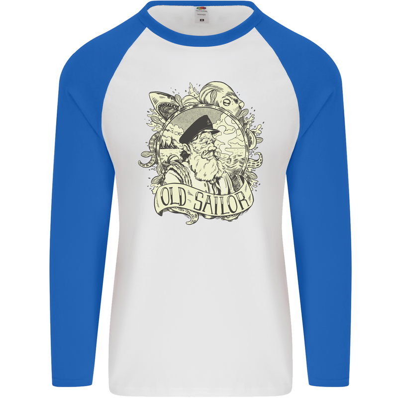 Old Sailor Octopus White Shark Captain Mens L/S Baseball T-Shirt White/Royal Blue