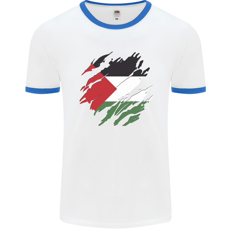 Torn Palestine Flag Palestinian Day Football Mens Ringer T-Shirt White/Royal Blue