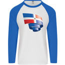 Curled Dominican Republic Flag Dominicanos Day Mens L/S Baseball T-Shirt White/Royal Blue