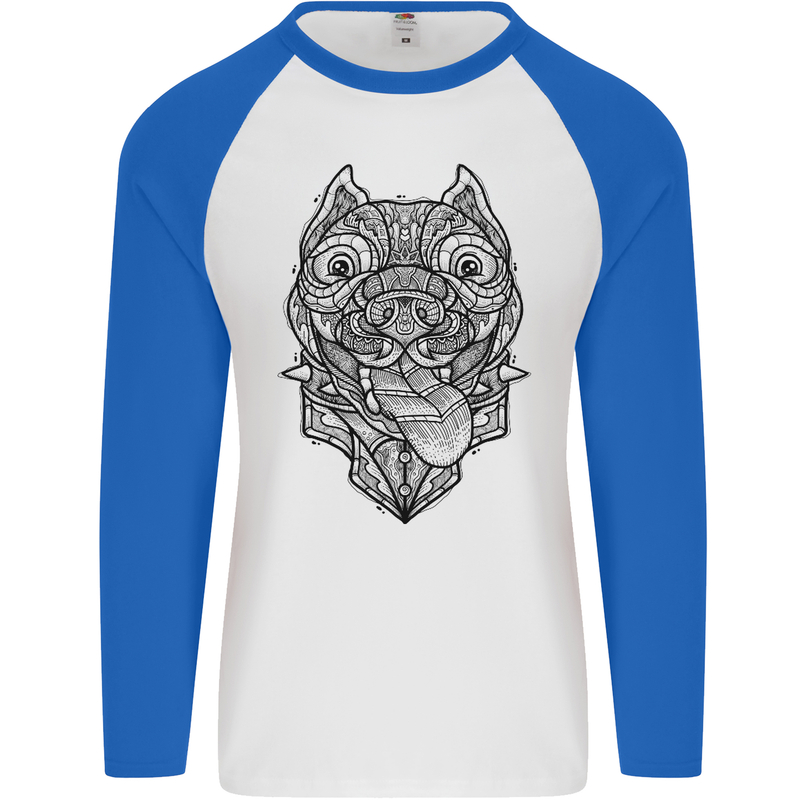 Pitbull Mandala Art Dog Lover Mens L/S Baseball T-Shirt White/Royal Blue