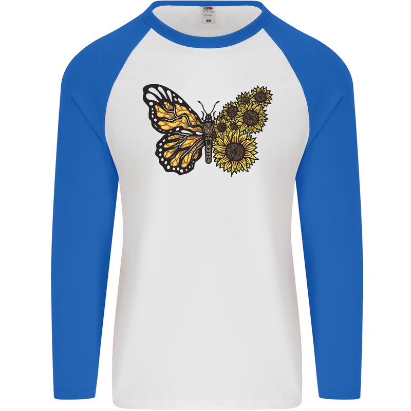 A Sunflower Butterfly Mens L/S Baseball T-Shirt White/Royal Blue