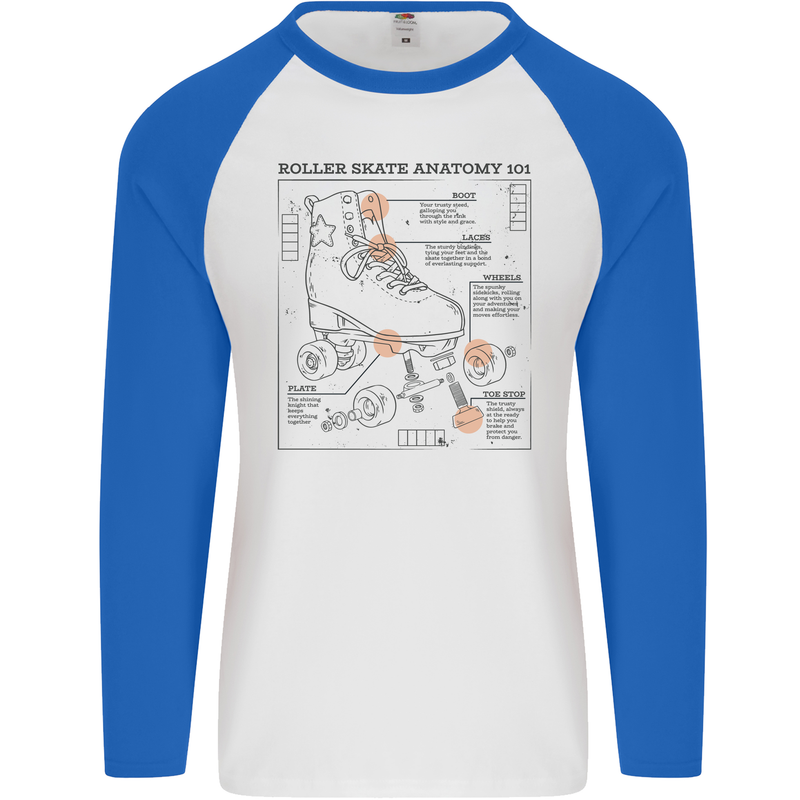 Roller Skating Boot Blueprint Mens L/S Baseball T-Shirt White/Royal Blue