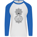 Buddha Mandala Art Mens L/S Baseball T-Shirt White/Royal Blue