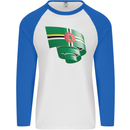 Curled Dominica Flag Dominican Day Football Mens L/S Baseball T-Shirt White/Royal Blue