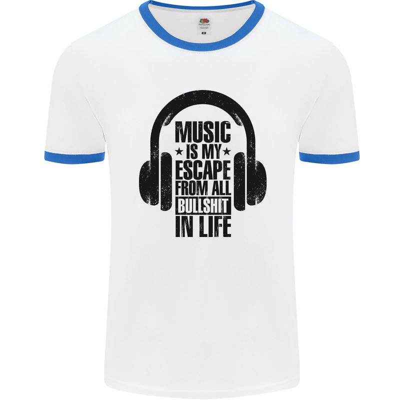 Music Is My Escape From B/S in Life Rock Mens Ringer T-Shirt White/Royal Blue