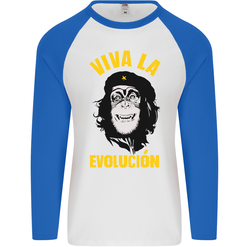 Funny Che Guevara Evolution Monkey Atheist Mens L/S Baseball T-Shirt White/Royal Blue
