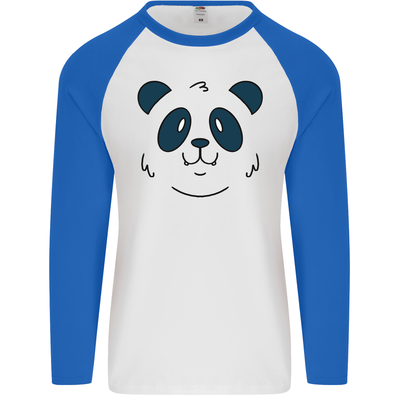 A Cute Panda Bear Face Mens L/S Baseball T-Shirt White/Royal Blue