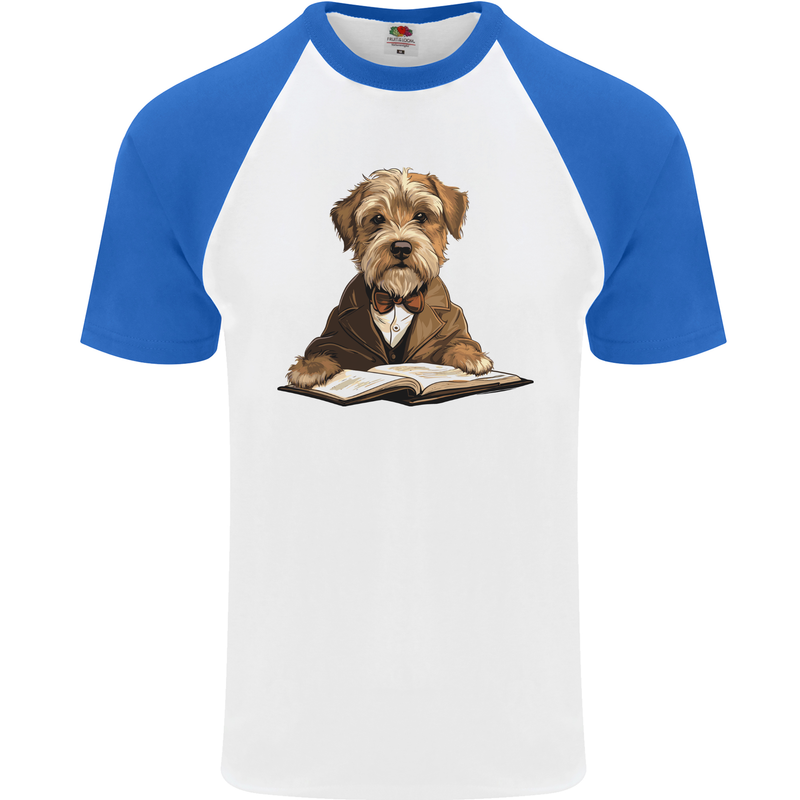 A Dog Reading a Book Mens S/S Baseball T-Shirt White/Royal Blue